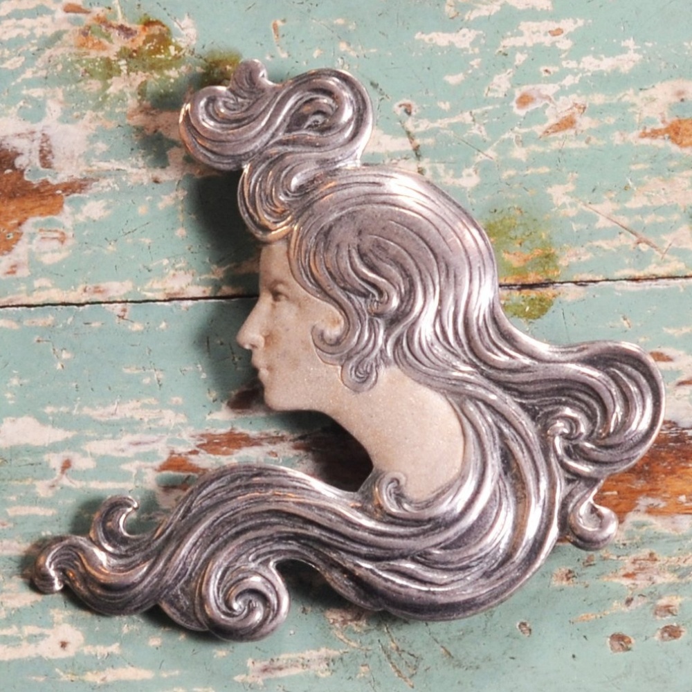 1930s Sterling Silver Painted Art Nouveau Pin